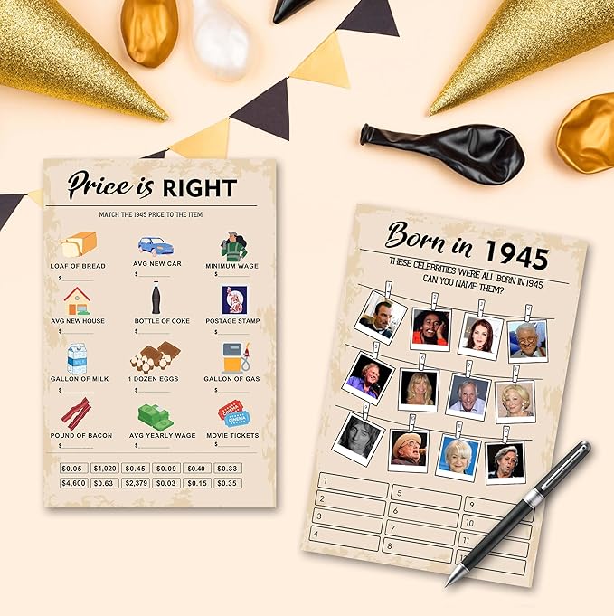 80th Birthday Party Games, Set of 2 Activities for 15 Guests, Born in 1945 Games Bundle, Birthday Party Supplies for Adults, Pack of 30 Cards
