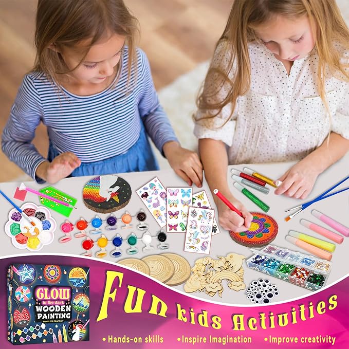 klmars Kids Wooden Painting Kit-Glow in The Dark-Arts & Crafts Gifts for Boys Girls Ages 5-12-Craft Activities Kits - Creative Art Toys for 5, 6, 7, 8, 9, 10, 11 & 12 Year Old Kids