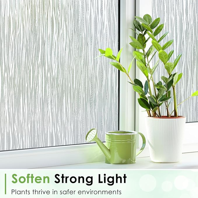 Homein Window Privacy Film, Frosted Glass Window Film Decorative, Non Adhesive Glass Clings, Static Cling Door Coverings, UV Blocking Privacy Sticker for Home, Pure Wave, 17.5 x 157.4 inches
