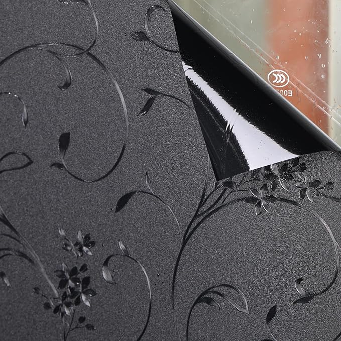 Mikomer Total Blackout Window Film,100% Light Blocking Privacy Glass Door Film Etched Flowers,Room Darkening Window Cling,No Glue/Heat Control/Anti UV for Day Sleep & High Privacy,11.8In. by 78.7In.