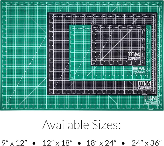 Breman Precision 9x12 Inch Self Healing Cutting Mat - 2-Sided 5-Ply PVC Green/Black Cutting Mats for Crafts, Sewing, Quilting and DIY Projects - Durable and Non-Slip Design with Precise Grid Lines