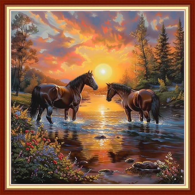 Joyhoor Cross Stitch Kits for Beginners Stamped Cross-Stitch Supplies Needlework preprint Embroidery Kits for Adults DIY Needlepoint Kits Embroidery Patterns 11CT-Sunrise Couple Steed 18x18 inchs