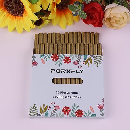 30 Pieces 7mm Sealing Wax Sticks for Glue Gun,PORXFLY Mini Wax Seal Sticks Great for Seals Stamp,Cards Envelopes,Wedding Invitations,Gift Wrapping,Wine Packages (Greenish Gold)