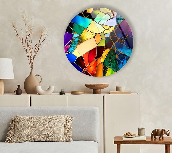 My Photostation.com 24''(60cm) Diameter Multicolor Round Stained Glass Wall Art Vibrant Mosaic Abstract Panel Tempered Glass Printing Wall Decor Large Wall Art Wall Hangings