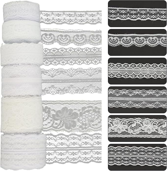 Lace Trim, 60 PCS Yards Ribbon, Vintage Scalloped White Laces Ribbon Suitable for Crafts, Gift Wrapping, DIY Sewing, Scrapbooking, Wedding Bouquet Decoration(6 Styles)