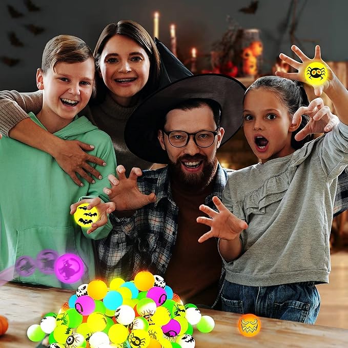 72 Pcs Glow in The Dark Bouncing Balls - 8 Halloween Theme Bouncy Balls for Halloween Party Favor Supplies School Classroom Game Rewards/Prizes, Trick or Treating Goodie, Comes with a Pouch Bag