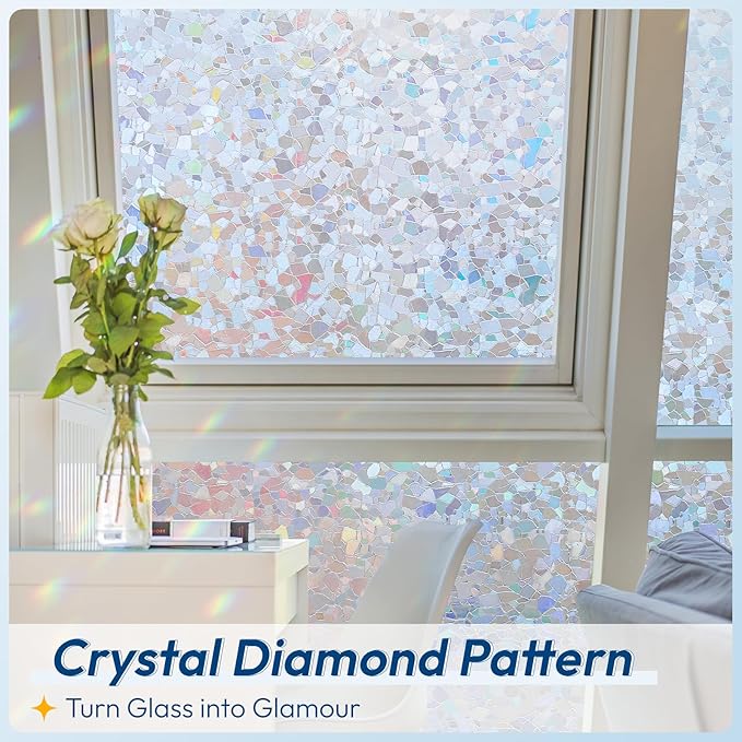 rabbitgoo Rainbow Window Privacy Film Decorative Stained Glass Diamond Pattern Window Sticker with Iridescent Tint Non-Adhesive Static Cling for Home Office Crystal Pattern, 35.4 x 78.7 inch