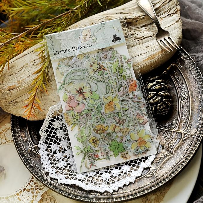 Vintage Vellum Stickers Floral Plants Elements Scrapbooking Supplies Flowers Botanic Natural Translucent Paper Self-Adhesive Junk-Journal Items (Retro Flowers)