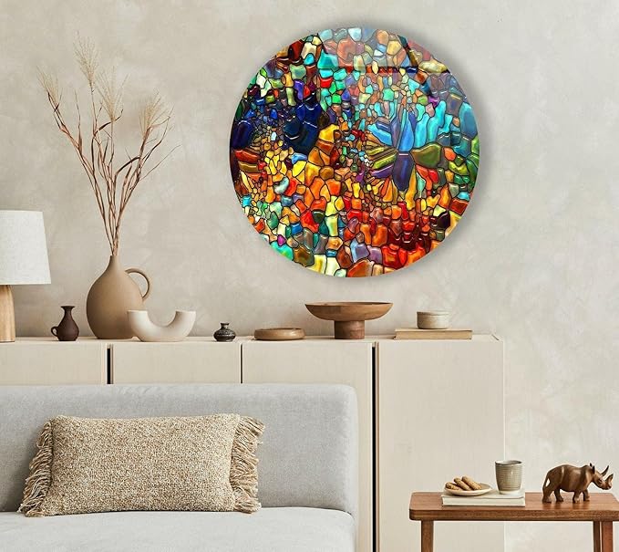 My Photostation.com 31.5''(80cm) Diameter Red Mosaic Round Glass Wall Art Tempered Glass Printing Wall Decor Large Wall Art Wall Hangings