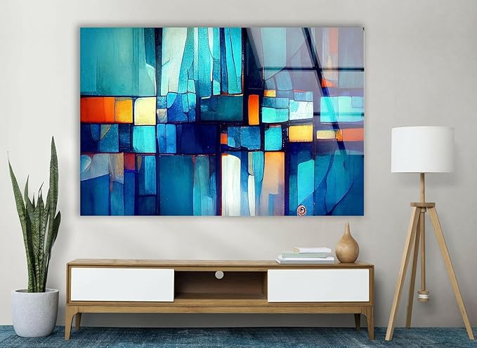 My Photostation.com 60WX40H'' Blue Vibrant Stained Glass Wall ArtTempered Glass Printing Wall Decor Large Wall Art Wall Hangings