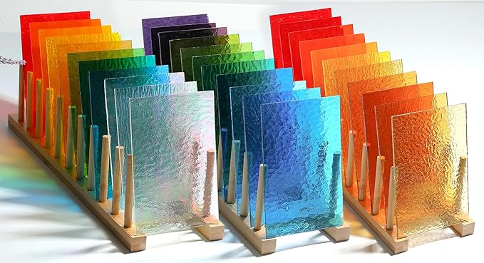 Lanyani 26 Sheets Transparent Stained Glass Sheets Packs for Art Crafts, Textured Bright Color Variety Translucent Cathedral Art Glass Sheets for Mosaic Glass DIY Projects, 4x6 inches
