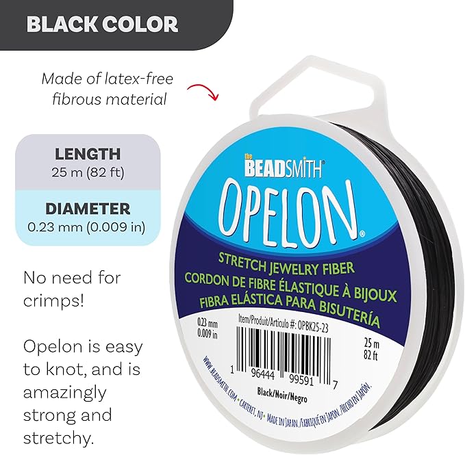 The Beadsmith Opelon Stretch Cord – Elastic Beading Fiber, Black, 0.23 mm Diameter, 25 Meters (82 ft) Spool