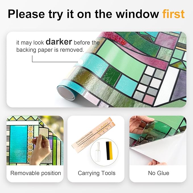 3D Stained Glass Window Privacy Film, Heat Control UV Blocking Static Cling Decorative Window Film for Bathroom,Front Door,Home Non Adhesive,Colorblock 16.9 x 78.7 inches