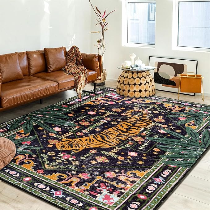Oriental Tropical Washable Rugs, Black Boho Vintage Distressed Hippie 8x10 Area Rugs for Bedroom Living Room Office Dorm, Abstract Botanical Tribal Indian Accent Dining Room Large Carpet