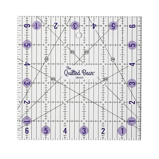 The Quilted Bear Quilting Rulers - Transparent Acrylic Non Slip Quilting, Patchwork & Sewing Ruler with Clear Black Lines & 30, 45 & 60 Degree Angles for Perfect Accuracy & Precision (6.5" x 6.5")