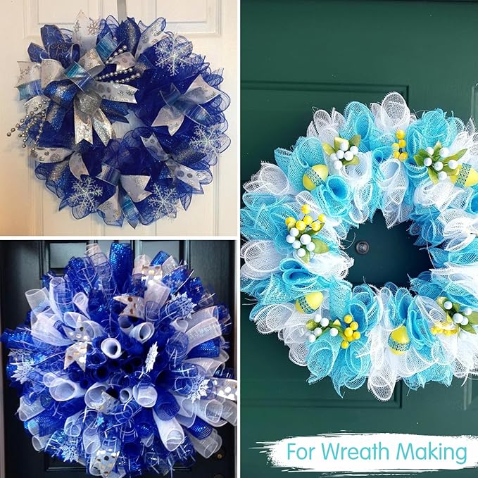 TONIFUL 2 Rolls 10 Inch Blue Decorative Mesh Ribbbon Rolls, Fabric Mesh with Foil for Wreath Supplies, Front Door Wreath Crafts Tree Decor Christmas NewYears Halloween Decoration (10 yds/roll)