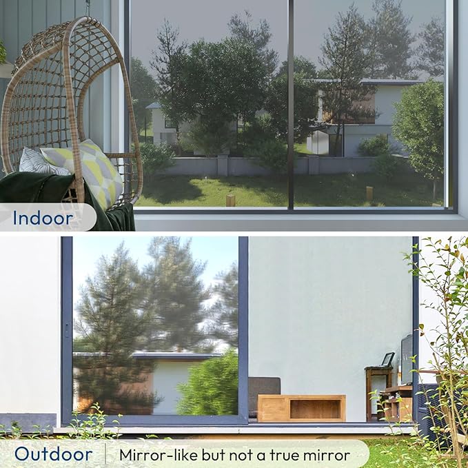 rabbitgoo Window Privacy Film One Way Window Tint for Home, Removable Reflective Heat Sun Blocking Anti UV Glass Door Covering, Mirror Tinting Film House Office, 23.6 in X 6.5 Feet, Silver