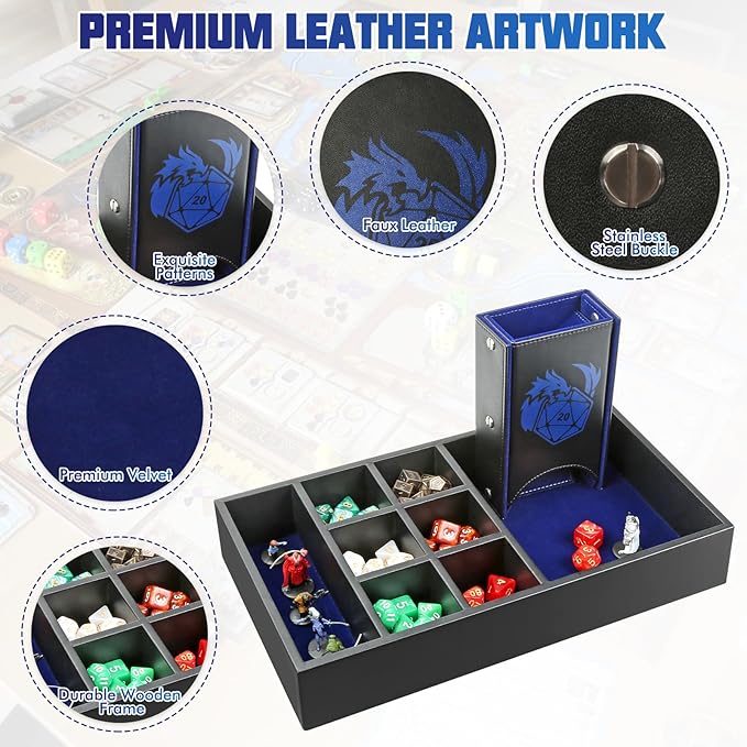 DND Dice Tray & Tower Storage Box, 4 in 1 D&D Dice Holder Case (Dice Rolling Tray, Dice Roller Tower, Dice & Miniature Storage), Great RPG Accessories Gifts for Dungeons and Dragons MTG DM & Player