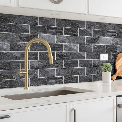 100 Pieces Peel and Stick Backsplash for Kitchen, 3" x 6" PVC Subway Tile 2025 Upgraded Gray-Gold Stone Backsplash Stick on Tile Elevate Kitchen Fireplace RV