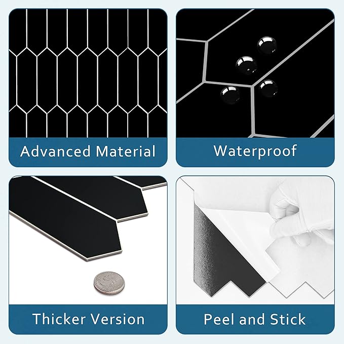 SUNWINGS Backsplash Tile for Kitchen Peel and Stick, Stone Composite Self Adhesive Tiles Long Hexagon Mosaic Wall Tile for Kitchen, 12 Inch x 11.22 Inch 10 Sheets Black Matte