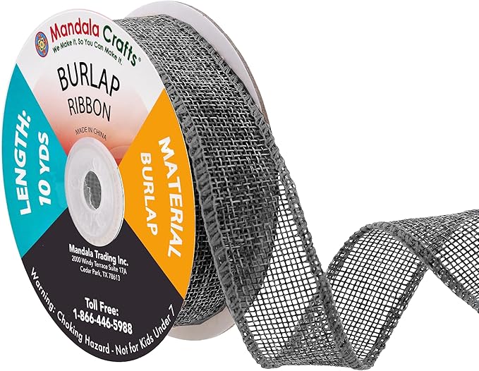 Mandala Crafts Gray Burlap Ribbon 1 Inch Wide Jute Ribbons for Crafts - 20 Yds Roll Rustic Burlap Wrap Trim Ribbons for Wreaths Bows Wedding Party Decoration