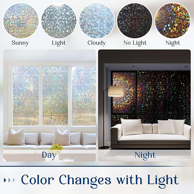Haton Window Privacy Film, Rainbow Stained Glass Window Clings, 3D Decorative UV Sun Blocking Sticker, Removable Static Cling Heat Control Tint for Home Door, 35.4" x 78.7" Non-Adhesive