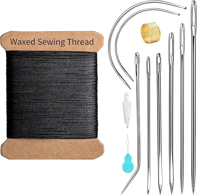 Repair Sewing Kit, Upholstery Needle with 32 Yard Waxed Thread and 8 Pcs Heavy Duty Leather Needles for Hand Stitching, Canvas & Quilting - 0.55mm Round Waxed Thread Black