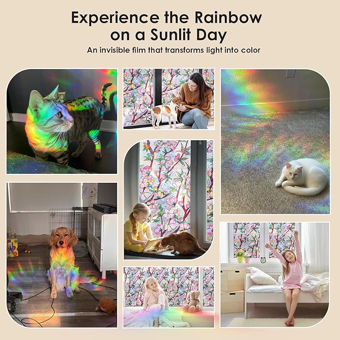 Window Privacy Film Rainbow Film Stained Glass 3D Static Cling Decorative Window Sticker for Bathroom,Front Door,Home Heat Control UV Blocking Non Adhesive,Peach Blossom 23.6 x 78.7inches