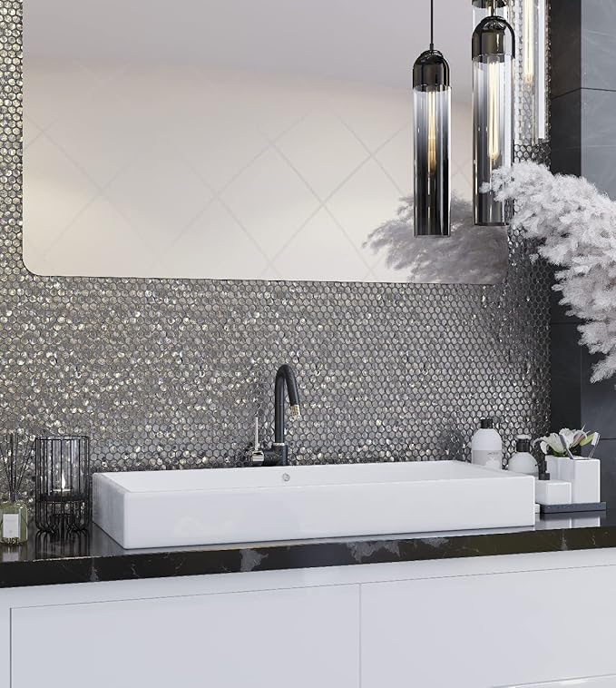 Glass Penny Round 1.03 sq ft/Piece Pack of 1,Silver Penny Round Mosaic Glass Tile – 12.2 x 12.2 Inch - Luxurious Design for Bathroom Walls, Kitchen Backsplash, Shower Walls - Elegant Wall Décor