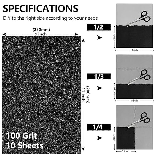 100 Grit Sandpaper, 9 x 11 Inch Wet Dry Sand Paper Hand Abrasive Sanding Sheets for Wood Metal Automotive Sanding and Polishing, Coarse - 10 Sheets