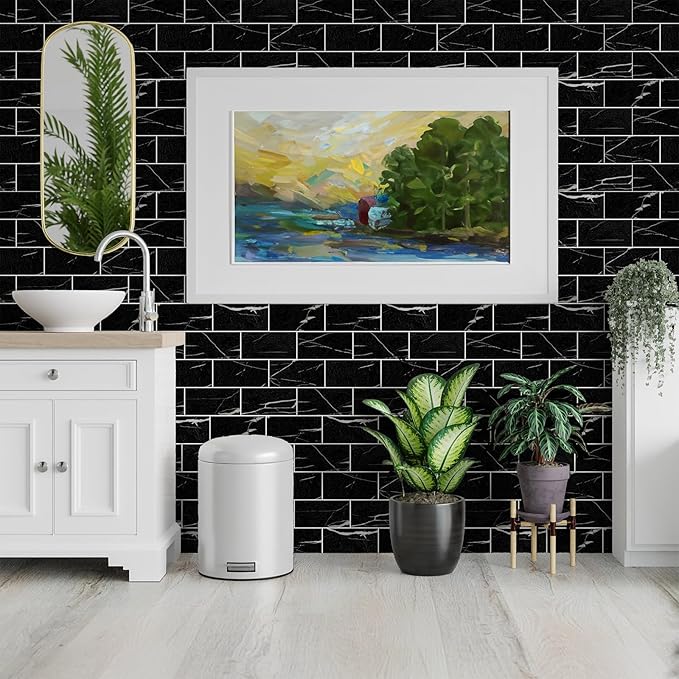 100 Pieces Peel and Stick Backsplash for Kitchen, 3" x 6" PVC Subway Tile Upgraded Nero Marquina with White Grout Backsplash Stick on Tile Elevate Kitchen, Bathroom, Fireplace,RV