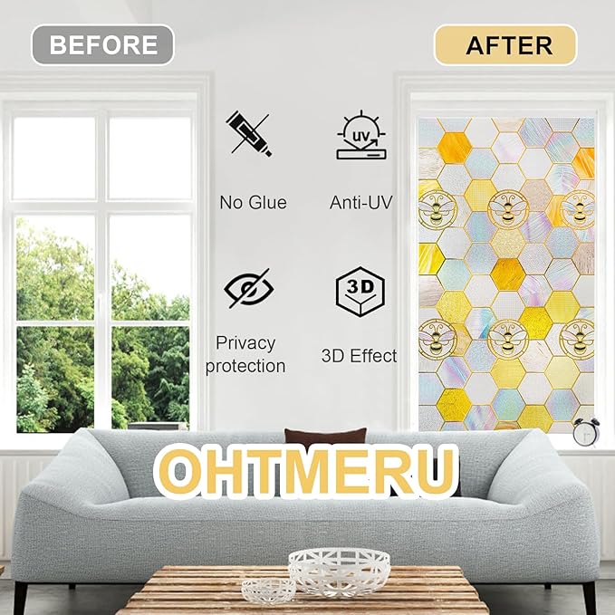 3D Stained Glass Window Privacy Film, Heat Control UV Blocking Static Cling Decorative Window Film for Bathroom,Front Door,Home Non Adhesive,16.9 x 78.7 inches Honey