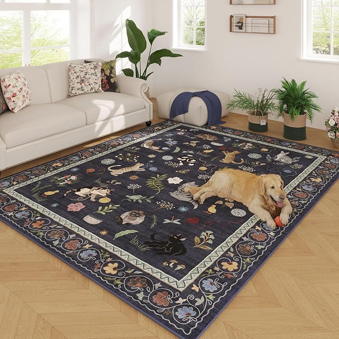 Rugcomf Living Room Rug 5x7 Rug Machine Washable Boho Area Rug Non Slip Floral Animal Cat Vintage Low Pile Large Rugs for Living Room Bedroom Farmhouse Dining Room Kids Playroom, Cobalt Blue