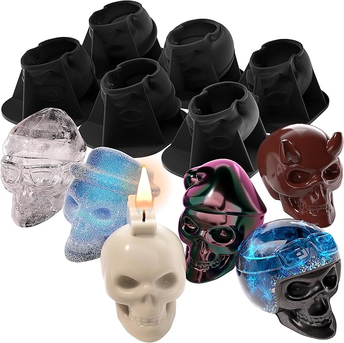 Readaeer Skull Silicone Molds, 3D Skull Molds, 6 Style Large Silicone Molds for Resin, Ice, Chocolate, Soap, Clay, Candle Wax Casting, Halloween Home Decoration