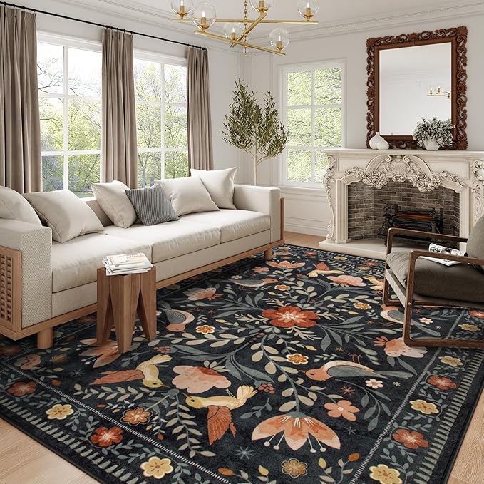 Morebes Washable 9x12 Area Rugs for Living Room, Large Bird Floral Dining Room Rug Non Slip, Ultra-Thin Boho Insect Distressed Soft Carpet for Kids Bedroom Office Decor, Black/Muliti
