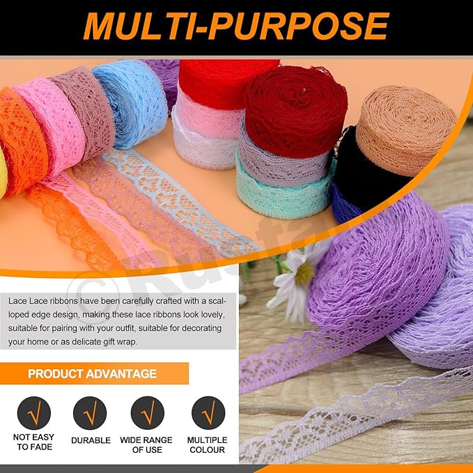 20Pcs 0.6Inch/1.5CM Colorful Lace Ribbon Floral Lace Ribbon Trim Fabric Sewing Vintage Trims Laces for Craft Sewing Making Gift Wrapping Wedding Decorations