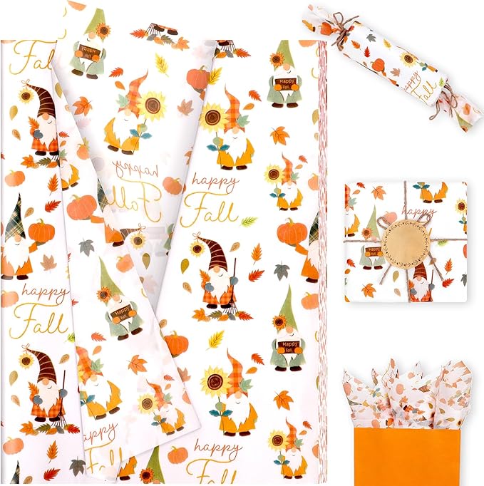 Azurestore 60 Sheets Fall Tissue Paper, Orange Gnomes Patterns Gift Tissue Paper for Gift Bags & Gifts Wrapping, Pumpkin Leaves Print Art Packaging for Autumn Harvest Thanksgiving Party Decor Craft