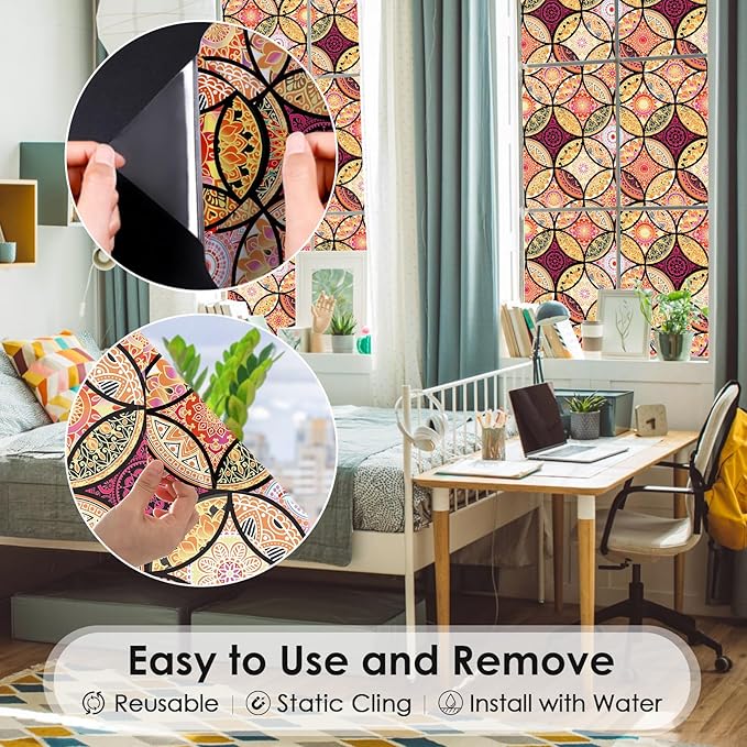 DKTIE Stained Glass Window Film with Installation Tools - Bohemian Style, Privacy Protection, Softening Light, Home Decorative Window Film, 17.7 x 78.7 Inch