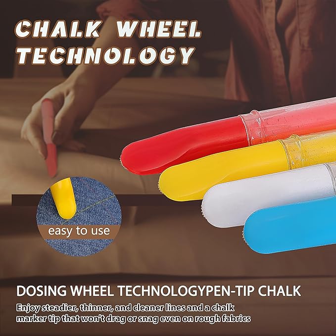 Fabric Chalk Markers for Sewing,Quilting,Crafting|Erasable Tailor’s Chalk|Work on Various Fabrics|Dosing Wheel Drawing Intricate Patterns Precise Lines-Per Pack(Red,Blue,White and 1 Ruler)