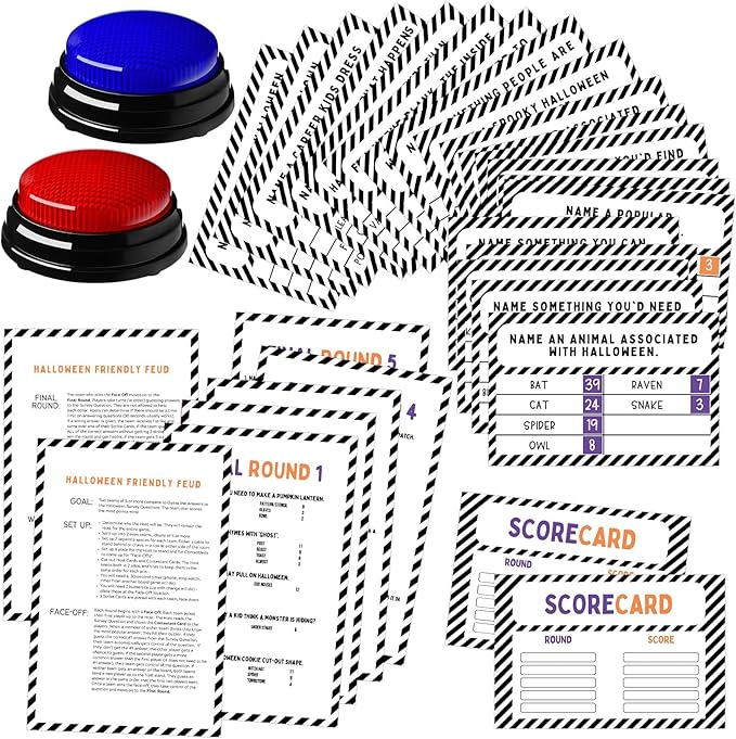 Halloween Party Friendly Feud Game with 2 Answer Buzzers, Team Building Feud Cards for Holiday Game Night Fun Trivia Quiz for Groups Office Class