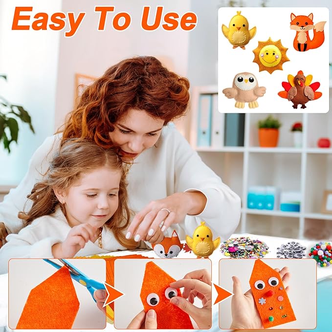 42Pcs Fall Felt Fabric Sheets 8 x 12 Inch Thanksgiving Yellow Orange Assorted Soft Thick Felt Pack with Wiggle Google Eyes Pom Poms Glitter Patchwork for Autumn DlY Sewing Creative Art Project Decor