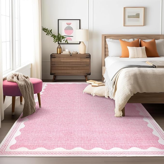 Scalloped Washable Rug 5x7 Area Rugs for Living Room, Solid Pink Rugs for Bedroom Girls, Non Slip Scalloped Rug Throw Mat with Rubber Back, Soft Dorm Nursery Low Pile Carpet for Dining Room