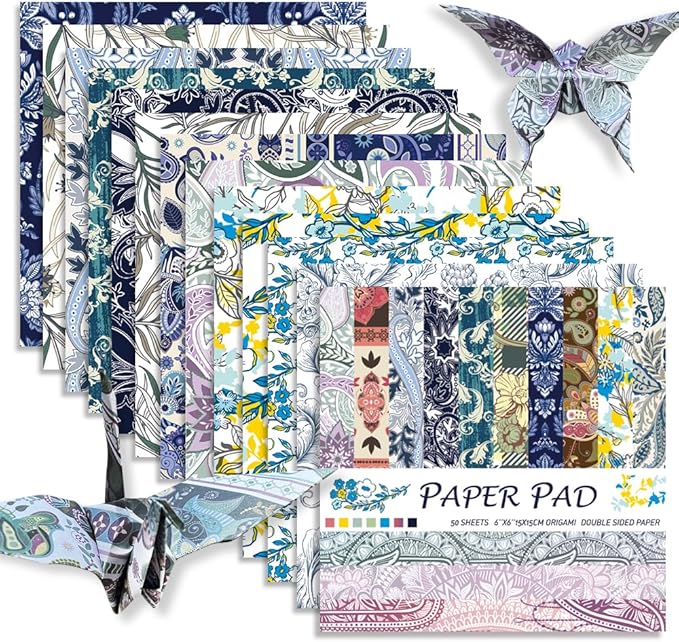 Square Origami Paper 6x6 Double Sided 50 Sheets 50 Colors 70GSM Origami Kit Japanese Chiyo Easy Fold Arts Crafts DIY Handwork Beginner Baroque