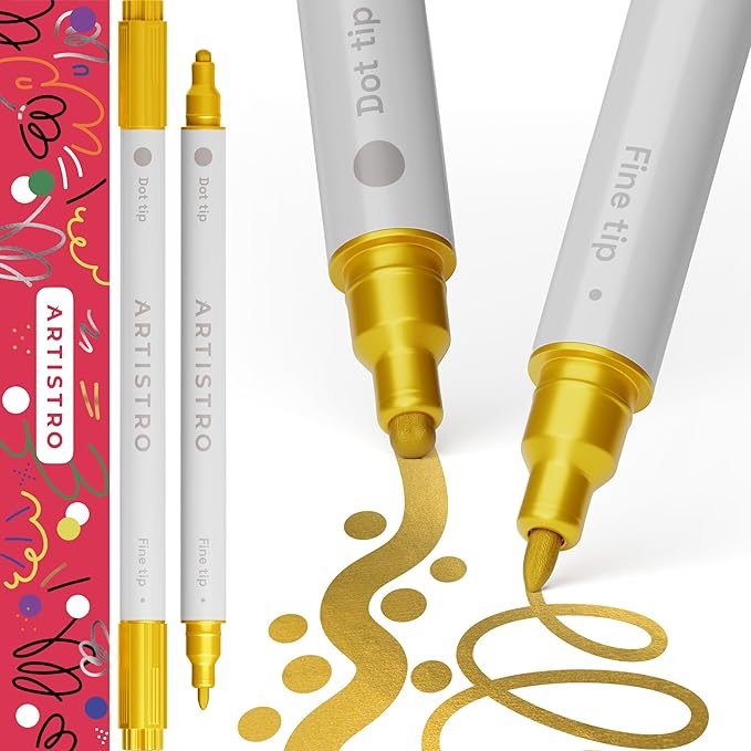 ARTISTRO 2 Gold Dual-Tip Acrylic Paint Pens - Multisurface Markers for Glass, Rock, Fabric, Wood, Plastic & More - 5mm Dot + 1mm Fine Tips