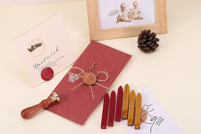 Yoption 12 Pcs Sealing Wax Sticks with Wicks, Antique Wine Red Dark Gold Totem Fire Manuscript Seal Wax for Wax Seal Stamp