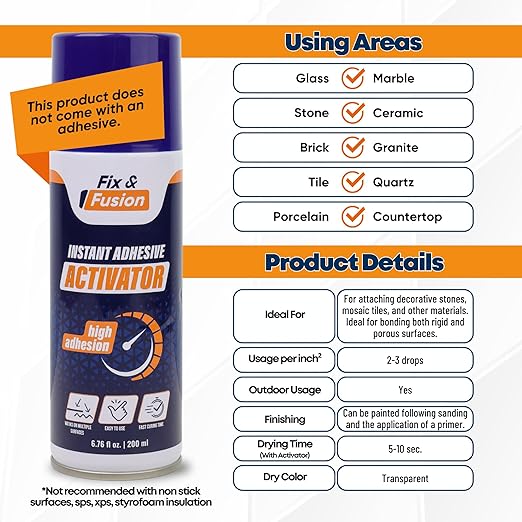 FIX & FUSION Activator Spray (6.76 Fl Oz), Instant Cure Accelerator for Cyanoacrylate (CA) Super Glue for Wood, Plastic, Rubber, Granite, and DIY & Professional, Accelerates Bonding Strength, (1 Pack)