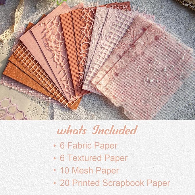 42 Sheets Textured Scrapbook Paper and Mesh Fabric Assorted Set, Junk Journal Supplies Assorted Set, Special Paper for Scrapbooking Materials Card Embellishments 3.9x5.5 Inch (Pink)