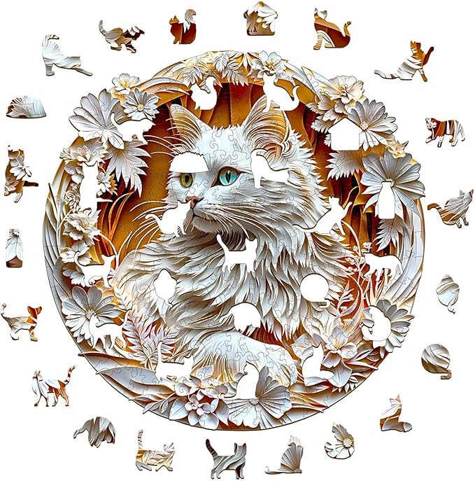 Wooden Puzzles Adults, 3D Cute Cat Wooden Puzzles 300 Pieces, Unique Animal Shaped Wood Challenging Jigsaw Puzzles Gifts for Adults, 13.4x13.4in