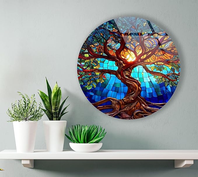 My Photostation.com 43Wx27H'' Stained Blue Life of Tree Glass Wall ArtTempered Glass Printing Wall Decor Large Wall Art Wall Hangings