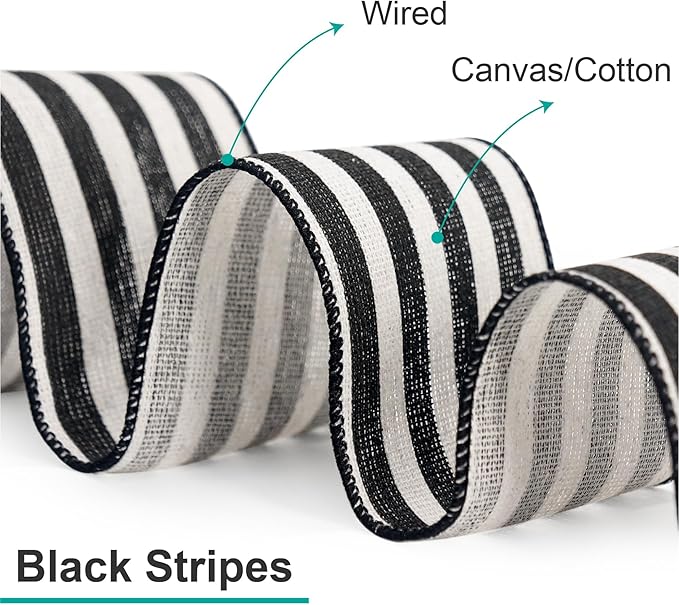 CT CRAFT LLC Striped Canvas Cotton Ribbon 2.5" x 10 Yards Ivory/Black Stripes for Thanksgiving Christmas Home Décor Gift Wrapping Outdoor Tree Topper Bow Wreath